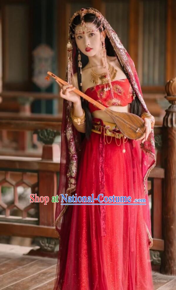 Chinese Tang Dynasty Dance Lady Garment Costumes Ancient Princess Red Dress Clothing and Headdress Complete Set