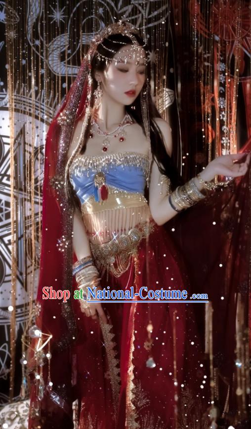 Chinese Classical Dance Garment Costumes Ancient Loulan Lady Clothing Western Regions Princess Red Dress and Headdress