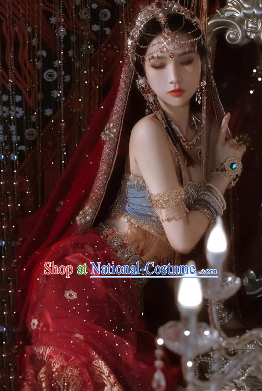 Chinese Classical Dance Garment Costumes Ancient Loulan Lady Clothing Western Regions Princess Red Dress and Headdress