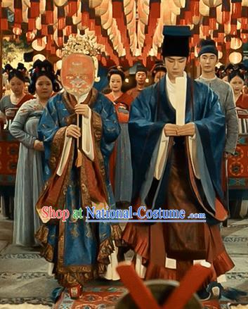 Chinese Tang Dynasty Wedding Garment Costumes Ancient Bride and Groom Clothing and Headpieces Complete Set