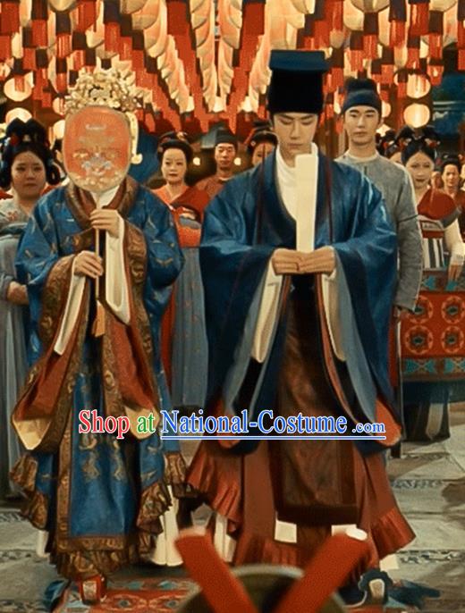 Chinese Tang Dynasty Wedding Garment Costumes Ancient Bride and Groom Clothing and Headpieces Complete Set