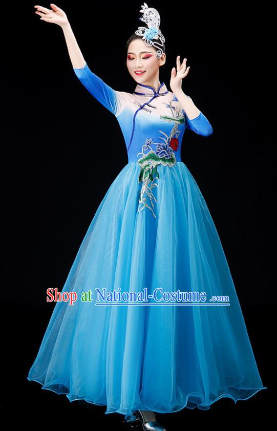 Chinese Chorus Costume Modern Dance Clothing Stage Performance Blue Dress