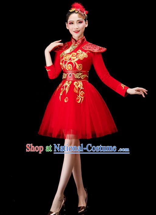 Chinese Stage Performance Red Short Dress Modern Dance Costume Drum Dance Women Group Dance Clothing