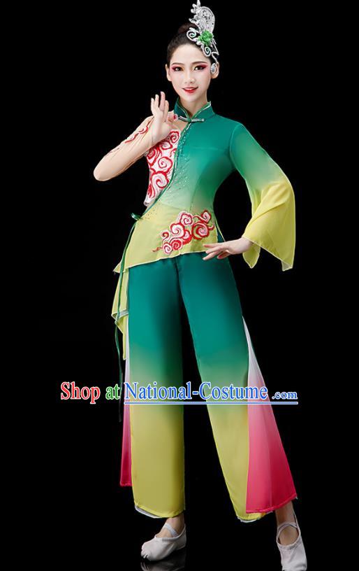 Chinese Jasmine Flower Dance Suit Women Group Dance Clothing Yangko Dance Green Outfit Folk Dance Costume