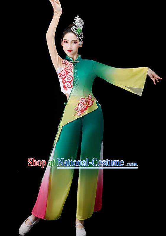 Chinese Jasmine Flower Dance Suit Women Group Dance Clothing Yangko Dance Green Outfit Folk Dance Costume