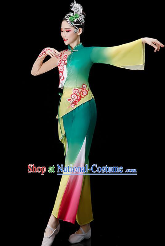 Chinese Jasmine Flower Dance Suit Women Group Dance Clothing Yangko Dance Green Outfit Folk Dance Costume