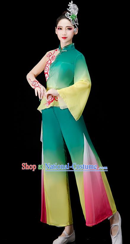 Chinese Jasmine Flower Dance Suit Women Group Dance Clothing Yangko Dance Green Outfit Folk Dance Costume