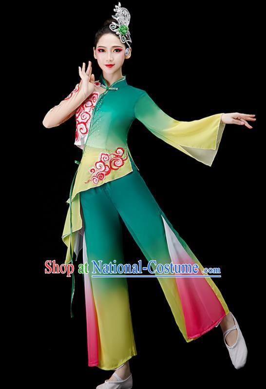 Chinese Jasmine Flower Dance Suit Women Group Dance Clothing Yangko Dance Green Outfit Folk Dance Costume