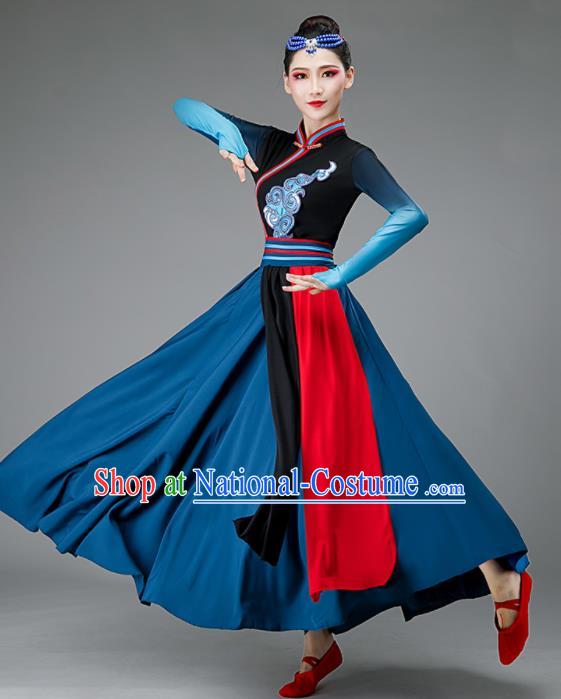 Chinese Mongolia Dance Costume Ethnic Dance Dark Blue Dress Women Group Dance Clothing Opening Dance Outfit