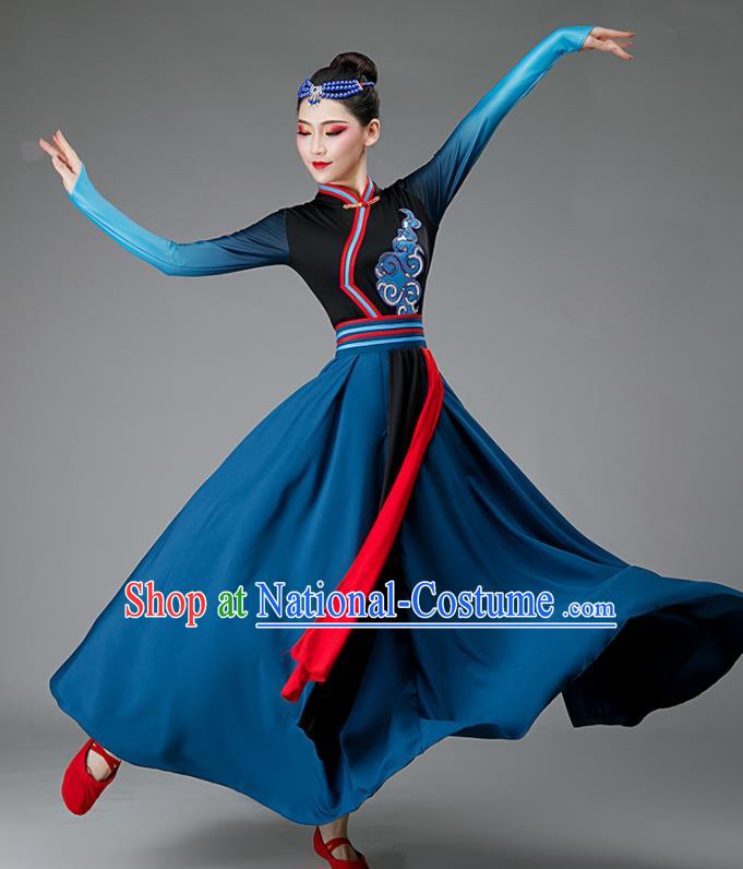 Chinese Mongolia Dance Costume Ethnic Dance Dark Blue Dress Women Group Dance Clothing Opening Dance Outfit