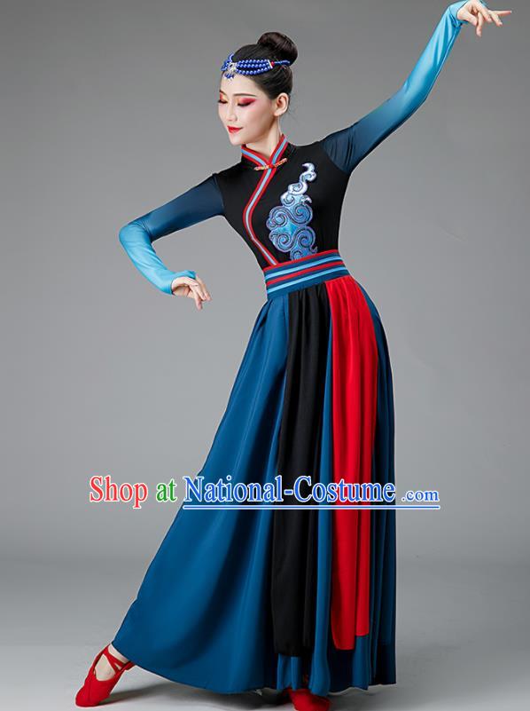 Chinese Mongolia Dance Costume Ethnic Dance Dark Blue Dress Women Group Dance Clothing Opening Dance Outfit