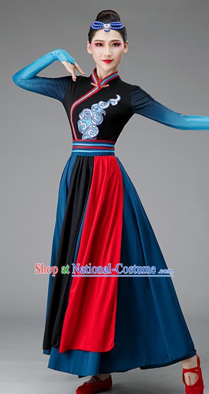 Chinese Mongolia Dance Costume Ethnic Dance Dark Blue Dress Women Group Dance Clothing Opening Dance Outfit