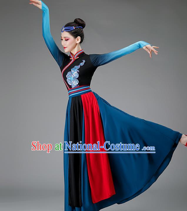 Chinese Mongolia Dance Costume Ethnic Dance Dark Blue Dress Women Group Dance Clothing Opening Dance Outfit