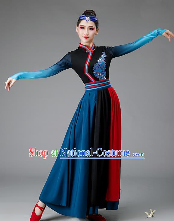 Chinese Mongolia Dance Costume Ethnic Dance Dark Blue Dress Women Group Dance Clothing Opening Dance Outfit