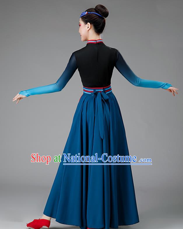 Chinese Mongolia Dance Costume Ethnic Dance Dark Blue Dress Women Group Dance Clothing Opening Dance Outfit