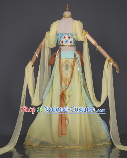 Chinese Handmade Dunhuang Dance Costume Dun Huang Flying Apsaras Dance Yellow Chiffon Dress Classical Dance Clothing