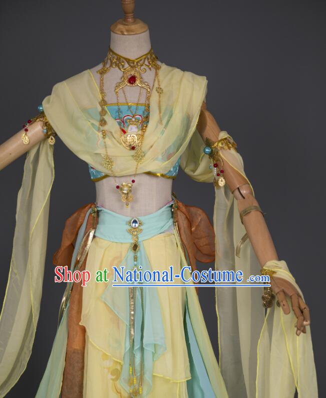 Chinese Handmade Dunhuang Dance Costume Dun Huang Flying Apsaras Dance Yellow Chiffon Dress Classical Dance Clothing