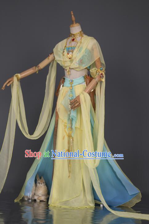 Chinese Handmade Dunhuang Dance Costume Dun Huang Flying Apsaras Dance Yellow Chiffon Dress Classical Dance Clothing