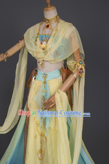 Chinese Handmade Dunhuang Dance Costume Dun Huang Flying Apsaras Dance Yellow Chiffon Dress Classical Dance Clothing