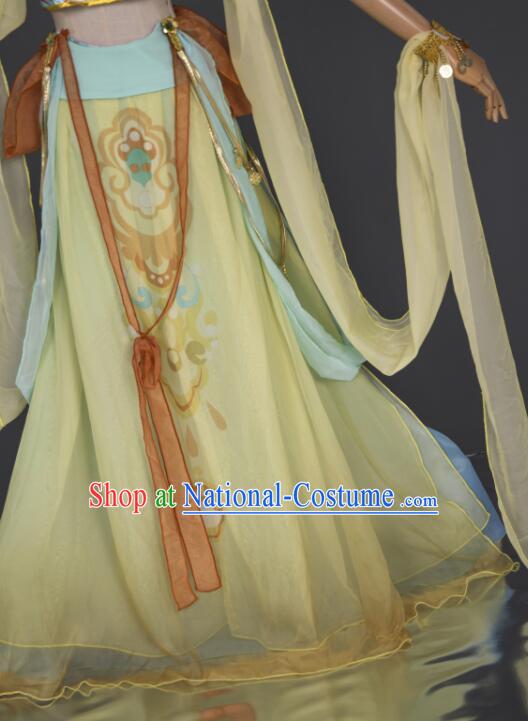 Chinese Handmade Dunhuang Dance Costume Dun Huang Flying Apsaras Dance Yellow Chiffon Dress Classical Dance Clothing