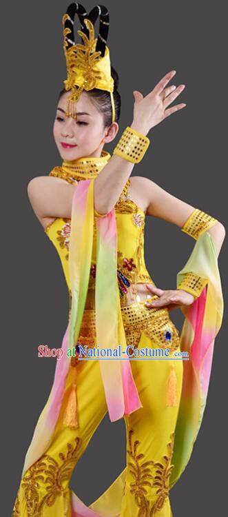 Chinese Handmade Chang E Dance Costume Dun Huang Flying Apsaras Dance Yellow Outfit Classical Dance Clothing