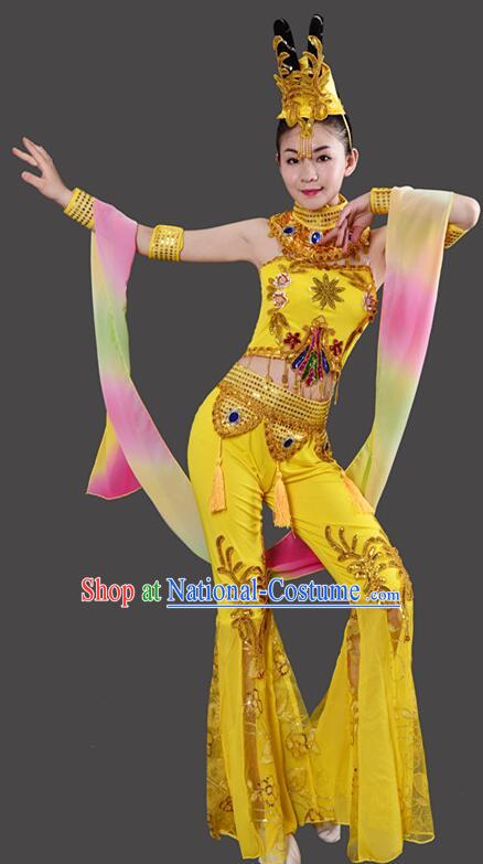 Chinese Handmade Chang E Dance Costume Dun Huang Flying Apsaras Dance Yellow Outfit Classical Dance Clothing