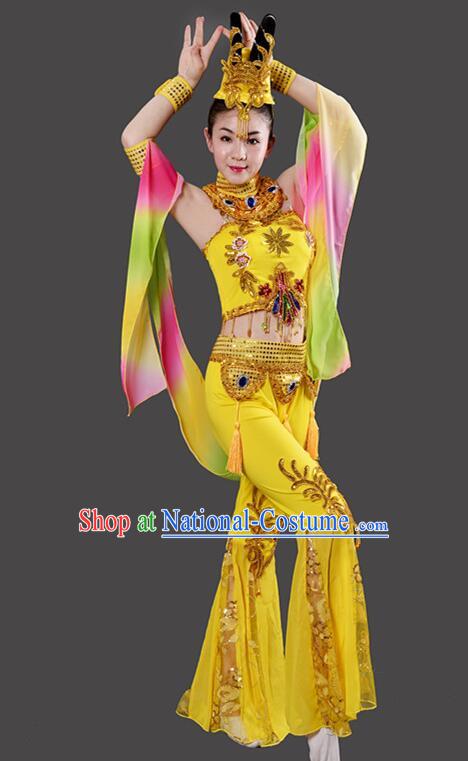 Chinese Handmade Chang E Dance Costume Dun Huang Flying Apsaras Dance Yellow Outfit Classical Dance Clothing