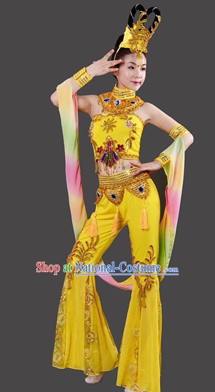 Chinese Handmade Chang E Dance Costume Dun Huang Flying Apsaras Dance Yellow Outfit Classical Dance Clothing