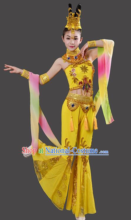 Chinese Handmade Chang E Dance Costume Dun Huang Flying Apsaras Dance Yellow Outfit Classical Dance Clothing