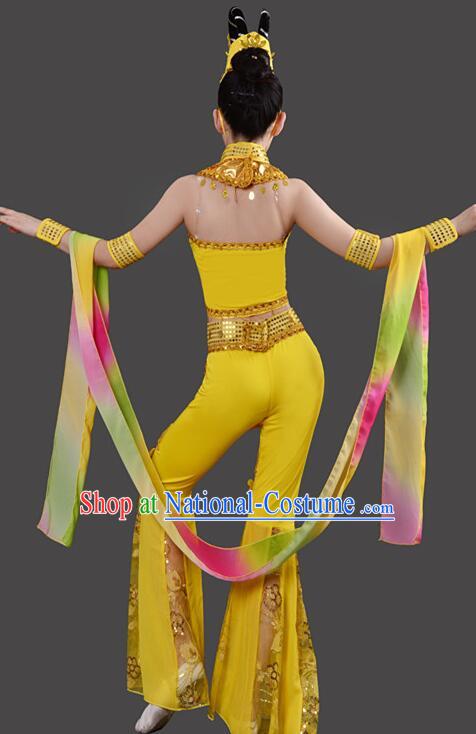 Chinese Handmade Chang E Dance Costume Dun Huang Flying Apsaras Dance Yellow Outfit Classical Dance Clothing