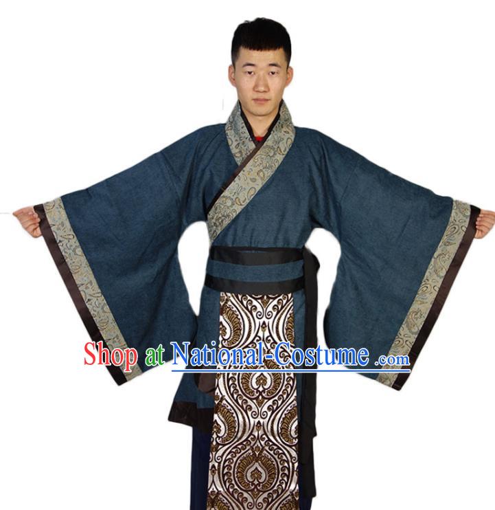 Chinese Traditional Navy Official Robe Ancient Scholar Clothing Han Dynasty Garment Costumes