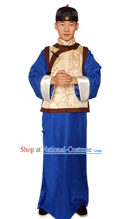 Chinese Qing Dynasty Young Childe Clothing Ancient Landlord Garment Costumes Traditional Blue Outfit