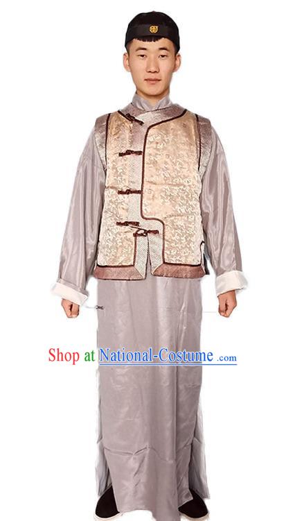 Chinese Ancient Merchant Garment Costumes Traditional Young Master Grey Outfit Qing Dynasty Childe Clothing