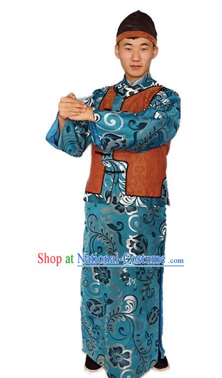 Chinese Qing Dynasty Childe Clothing Ancient Merchant Garment Costumes Traditional Young Master Blue Outfit