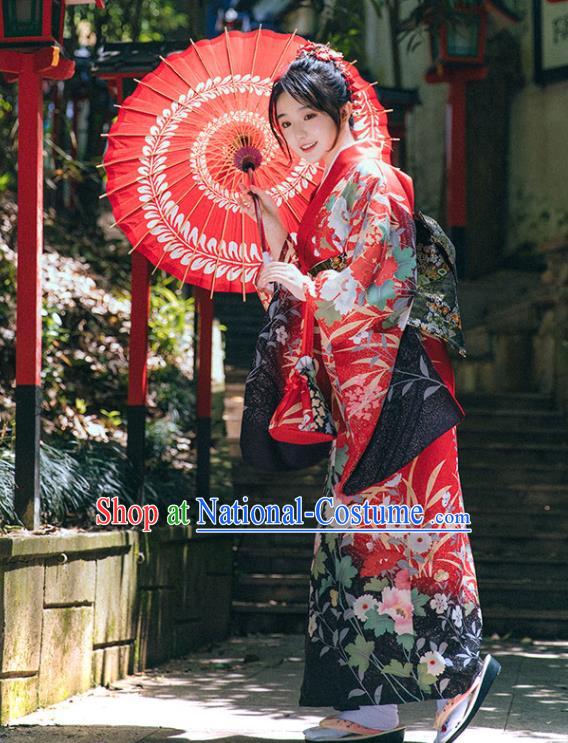 Japanese Summer Festival Sakura Yukata Dress Traditional Garment Japan Red Furisode Kimono