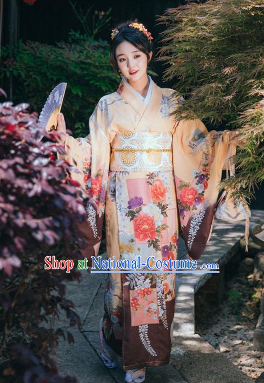 Japan Summer Festival Young Lady Yukata Dress Traditional Garment Japanese Apricot Kimono