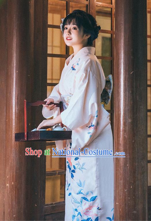 Japan Traditional Young Lady Garment White Kimono Japanese Summer Festival Yukata Dress