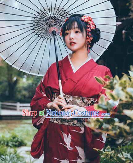 Japanese Printing Cranes Wine Red Kimono Summer Festival Yukata Dress Japan Traditional Young Lady Garment