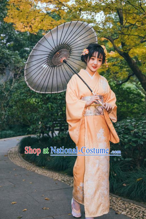 Japan Young Lady Garment Japanese Printing Orange Kimono Traditional Summer Festival Yukata Dress