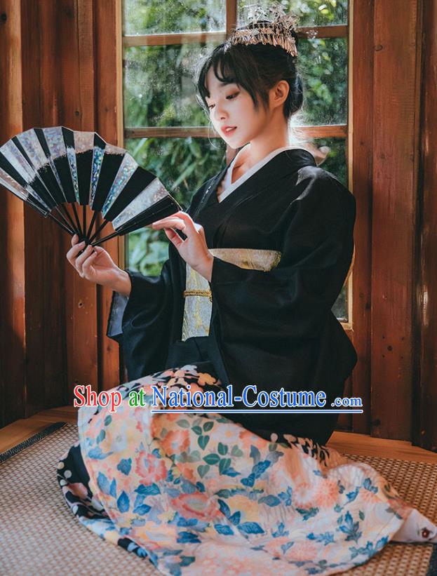 Japan Printing Black Kimono Traditional Yukata Dress Japanese Summer Festival Young Lady Garment