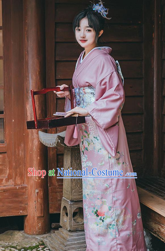 Japanese Summer Festival Young Lady Garment Japan Printing Pink Kimono Traditional Yukata Dress