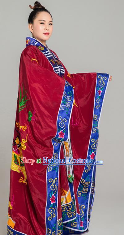 Handmade Taoist Ecclesiastical Costume Top Embroidered Dragon Priest Frock Chinese Traditional Taoism Dark Red Silk Garment