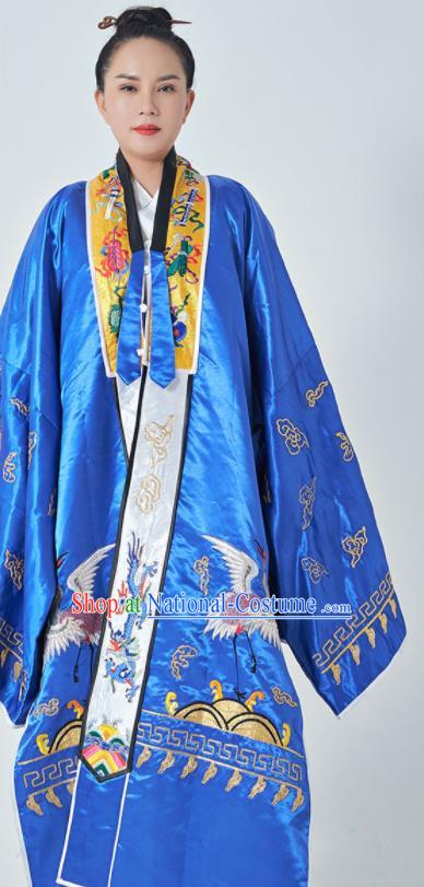 Chinese Traditional Taoism Garment Handmade Blue Taoist Master Robe Embroidered Cranes Silk Robe Priest Frock