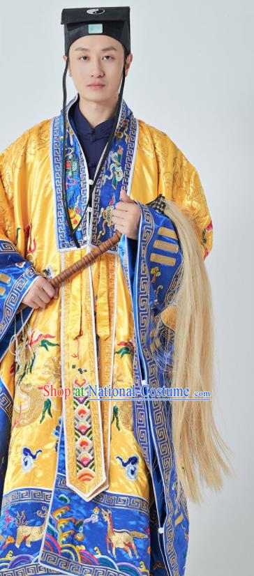 Chinese Traditional Priest Frock Taoism Garment Handmade Taoist Master Robe Embroidered Dragons Yellow Silk Robe