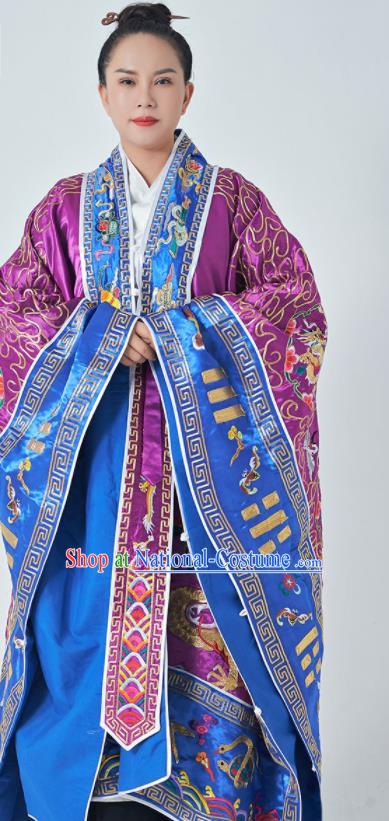 Chinese Embroidered Dragons Purple Silk Robe Traditional Priest Frock Taoism San Qing Garment Handmade Taoist Master Robe