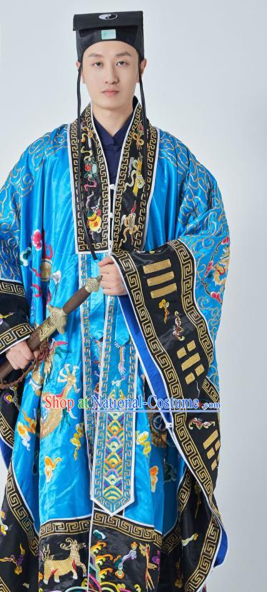 Chinese Handmade Taoist Master Robe Embroidered Dragons Blue Silk Robe Traditional Priest Frock Taoism San Qing Garment