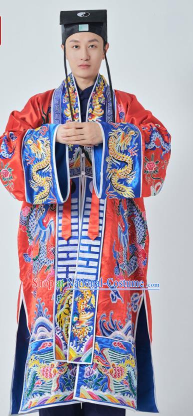 Chinese Wudang Taoist Costume Embroidered Dragon Red Silk Robe Daoism Priest Frock Traditional Taoism Master Garment