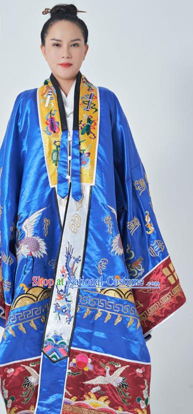 Chinese Wudang Taoist Priest Costume Embroidered Crane Deep Blue Silk Robe Traditional Daoism Frock Taoism Master Garment