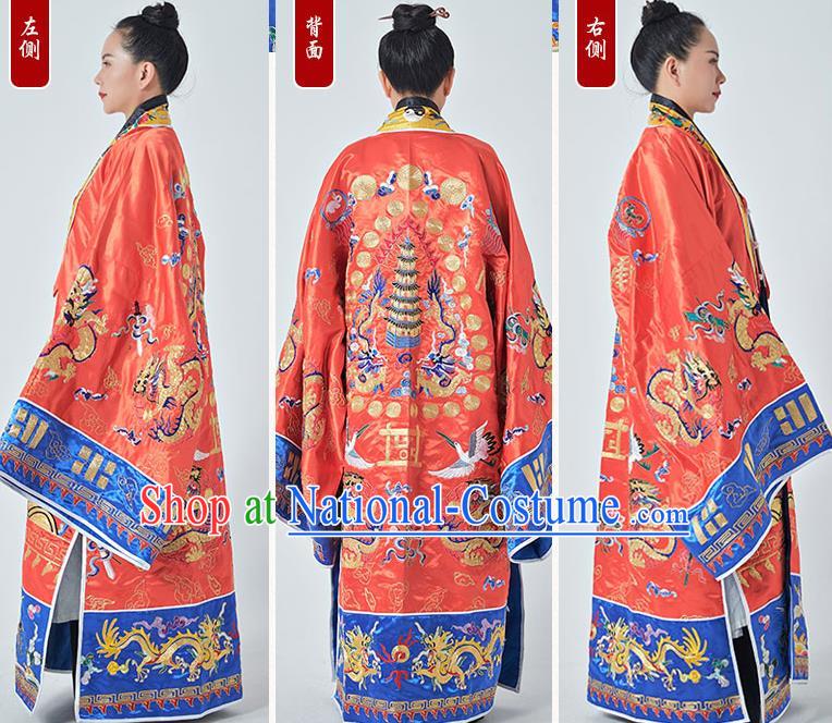 Chinese Traditional Daoism Scriptures Frock Taoism Master Garment Wudang Taoist Priest Costume Embroidered Red Silk Robe