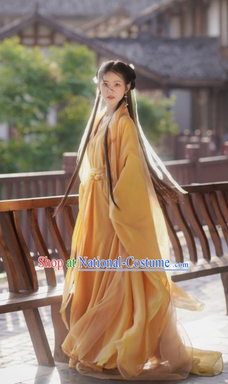 Chinese Traditional Wuxia Costumes Ancient Swordswoman Yellow Dress Clothing